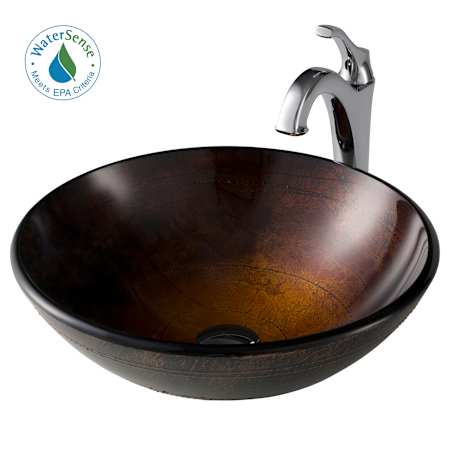 Kraus Arlo & Glass 16-1/2" Glass Vessel Bathroom Sink with 1.2 GPM Deck Mounted Bathroom Faucet and Pop-Up Drain Assembly Chrome
