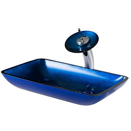 Kraus Galaxy Blue Bathroom Combo - 21-7/8" Irruption Blue Glass Vessel Bathroom Sink with Vessel Faucet, Pop-Up Drain, and Mounting Ring Chrome