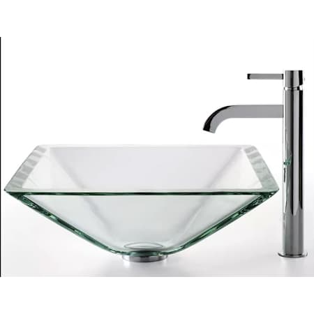 Kraus Clear Bathroom Combo - 16-1/2" Aquamarine Glass Vessel Bathroom Sink with Vessel Faucet, Pop-Up Drain, and Mounting Ring Chrome