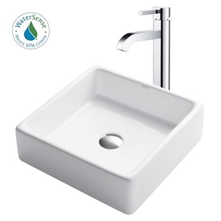 Kraus White Ceramic Bathroom Combo - 15" Ceramic Vessel Bathroom Sink With Vessel Faucet, Pop-Up Drain Chrome