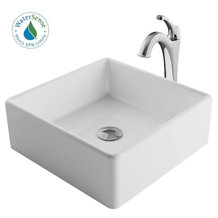 Kraus Elavo and Arlo 15" Vitreous China Vessel Bathroom Sink with 1.2 GPM Deck Mounted Bathroom Faucet and Push Button Drain Assembly Chrome