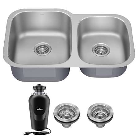 Kraus Premier 32” Undermount 60/40 Double Bowl 18-Gauge Stainless Steel Kitchen Sink with WasteGuard Continuous Feed Garbage Disposal Stainless Steel