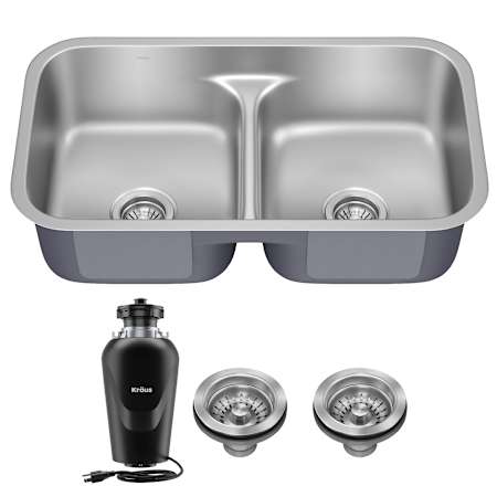 Kraus Premier 32” Undermount 50/50 Double Bowl with Low Divider 18-Gauge Stainless Steel Kitchen Sink with WasteGuard Continuous Feed Garbage Disposal Stainless Steel