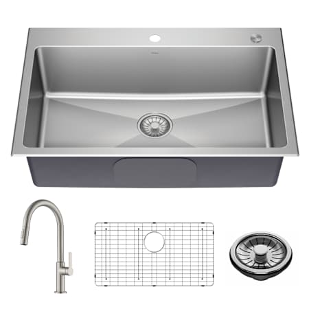 Kraus Standart Pro 33" Undermount Single Basin Stainless Steel Kitchen Sink with 1.8 GPM Single Hole Pull Down Kitchen Faucet - Includes Basin Rack Satin