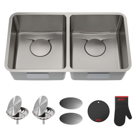 Kraus Dex 33" Double Basin 16 Gauge Stainless Steel Kitchen Sink for Undermount Installations with DrainAssure™, VersiDrain™, and NoiseDefend™ Gloss