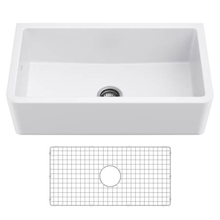 Kraus Turino 33" Farmhouse Single Basin Fireclay Kitchen Sink with Basin Rack and Sound Dampening Gloss White