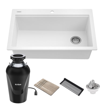 Kraus Bellucci 33" Drop In Single Basin Granite Kitchen Sink with Basket Strainer, Cutting Board, and Garbage Disposal White