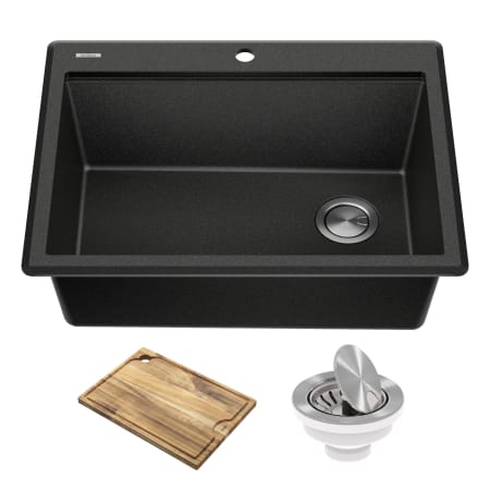 Kraus Bellucci 28" Drop In Single Basin Granite Composite Kitchen Sink with Basket Strainer and Cutting Board Metallic Black