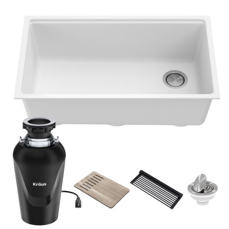 Kraus Bellucci 32" Undermount Single Basin Granite Kitchen Sink with Basket Strainer, Cutting Board, and Garbage Disposal White