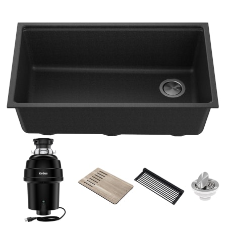 Kraus Bellucci 32" Undermount Single Basin Granite Composite Kitchen Sink with Drying Rack, Basket Strainer, Cutting Board, and Garbage Disposal Metallic Black