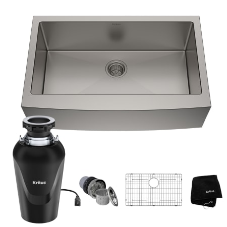 Kraus Standart PRO 32-7/8" Farmhouse Single Basin Stainless Steel Kitchen Sink with Basin Rack, Basket Strainer, and Garbage Disposal Stainless Steel