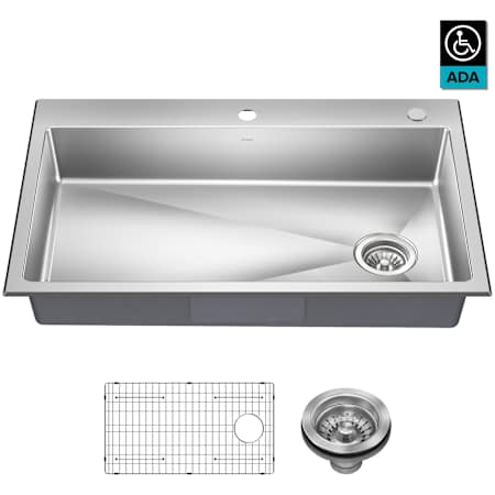 Kraus Fairlane 33" Contemporary Drop In Single Basin Stainless Steel Kitchen Sink with Basin Rack and Basket Strainer Stainless Steel