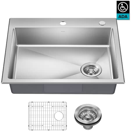 Kraus Fairlane 25" Drop In Single Basin Stainless Steel Contemporary Kitchen Sink with Basin Rack and Basket Strainer Stainless Steel