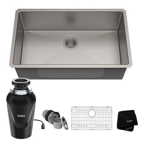 Kraus Standart PRO 32" Undermount Single Basin Stainless Steel Kitchen Sink with Basin Rack, Basket Strainer, Garbage Disposal, and NoiseDefend Technology Stainless Steel