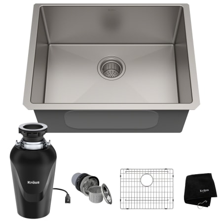 Kraus Standart PRO 23" Undermount Single Basin Stainless Steel Kitchen Sink with Basin Rack, Basket Strainer, Garbage Disposal, and NoiseDefend Technology Stainless Steel
