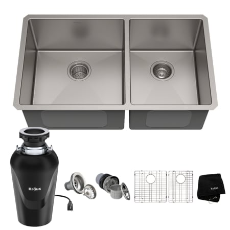 Kraus Standart PRO 32-3/4" Undermount Double Basin Stainless Steel Kitchen Sink with Basin Rack, Basket Strainer, and Garbage Disposal Stainless Steel