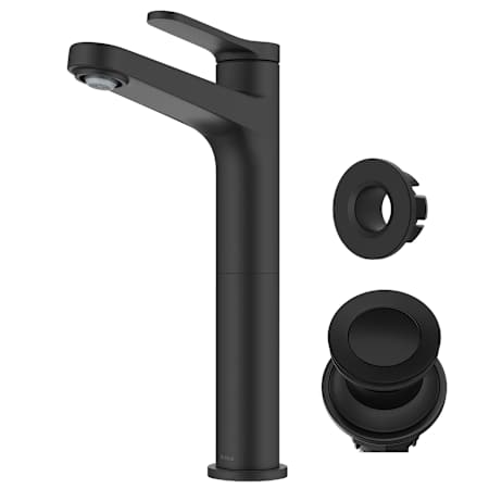 Kraus Indy 1.2 GPM Vessel Single Hole Bathroom Faucet with Push Push Pop-Up Drain Assembly and Overflow Cap Matte Black