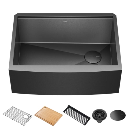 Kraus Kore 26-7/8" Farmhouse Single Basin Stainless Steel Kitchen Sink with Basin Rack, Basket Strainer and Cutting Board Gunmetal