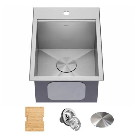 Kraus Kore 15" Drop In Single Basin Stainless Steel Kitchen Sink with Basket Strainer, Cutting Board, and NoiseDefend Technology Stainless Steel