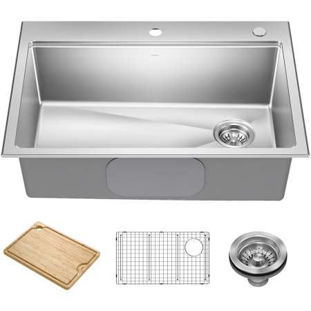 Kraus Fairlane 30" Drop In Single Basin Stainless Steel Workstation Kitchen Sink with Basin Rack, Basket Strainer and Cutting Board Stainless Steel