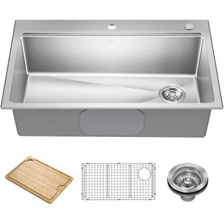 Kraus Fairlane 33" Drop In Single Basin Stainless Steel Workstation Kitchen Sink with Basin Rack, Basket Strainer and Cutting Board Stainless Steel