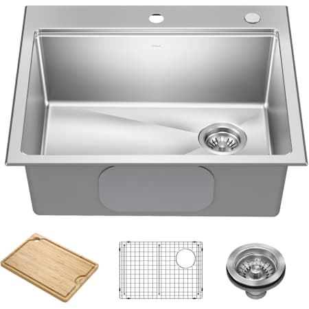 Kraus Fairlane 25" Drop In Single Basin Stainless Steel Workstation Kitchen Sink with Basin Rack, Basket Strainer and Cutting Board Stainless Steel