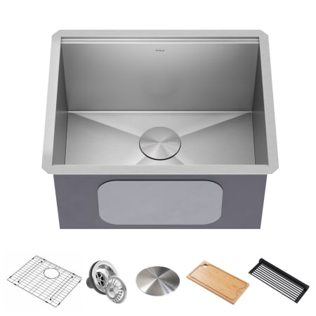 Kraus Kore 23" Undermount Single Basin Stainless Steel Kitchen Sink with Basin Rack, Basket Strainer, Cutting Board, and NoiseDefend Technology Stainless Steel