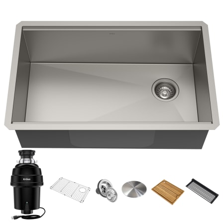 Kraus Kore 32" Undermount Single Basin Stainless Steel Kitchen Sink with Basin Rack, Basket Strainer, Cutting Board, and Garbage Disposal Satin