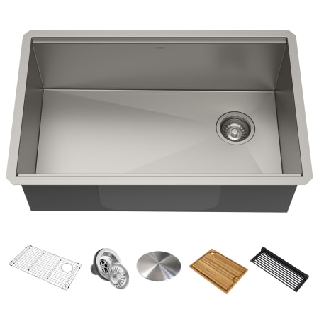 Kraus Kore 32" Undermount Single Basin Stainless Steel Kitchen Sink with Basin Rack, Basket Strainer, Cutting Board, and Drying Mat Stainless Steel