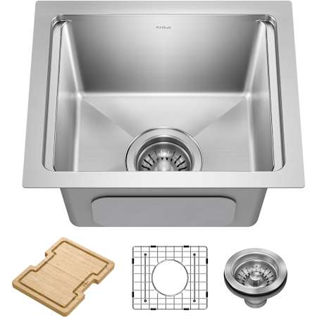 Kraus Fairlane 15" Undermount Single Basin Stainless Steel Workstation Kitchen Sink with Basin Rack, Basket Strainer and Cutting Board Stainless Steel