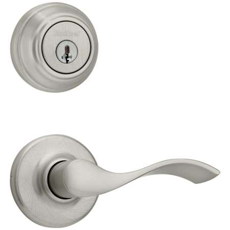 Kwikset Balboa Passage Lever Set and Single Cylinder Keyed Entry Deadbolt Combo with SmartKey from the 980 Series Satin Nickel