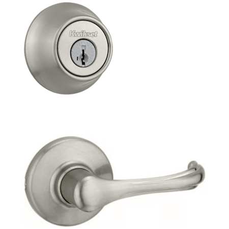 Kwikset Dorian Passage Lever Set and Single Cylinder Keyed Entry Deadbolt Combo with SmartKey from the 660 Series Satin Nickel