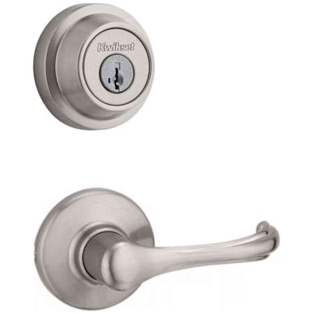 Kwikset Dorian Passage Lever Set and Single Cylinder Keyed Entry Deadbolt Combo with SmartKey from the Contemporary Collection Satin Nickel