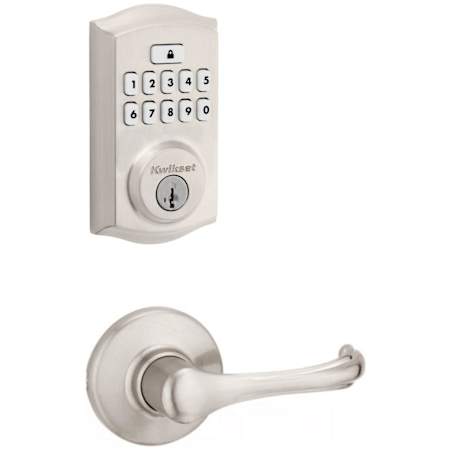 Kwikset Dorian Passage Lever Set and Electronic Keyless Entry Deadbolt Combo Pack with SmartKey from the SmartCode Deadbolts Touchpad Collection Satin Nickel