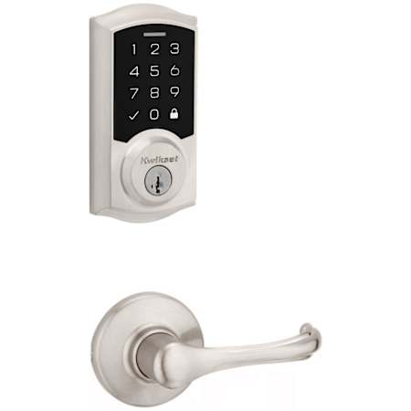 Kwikset Dorian Passage Lever Set and Electronic Keyless Entry Deadbolt Combo Pack with SmartKey from the SmartCode Deadbolts Touchscreen Collection Satin Nickel