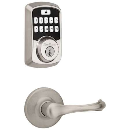 Kwikset Dorian Passage Lever and 942 Aura Keypad Deadbolt Combo Pack with SmartKey and Bluetooth Technology Satin Nickel