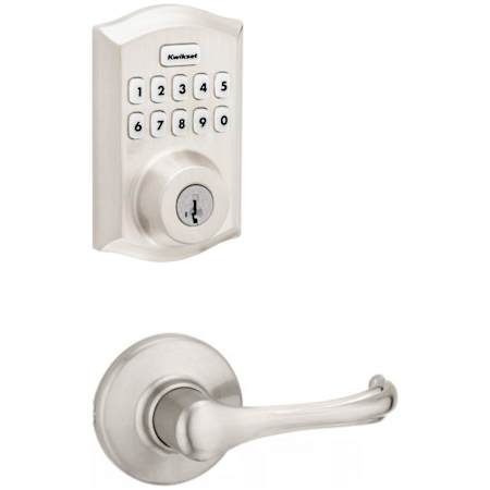Kwikset Dorian Passage Lever Set and Electronic Keyless Entry Deadbolt Combo Pack with SmartKey from the Home Connect Collection Satin Nickel