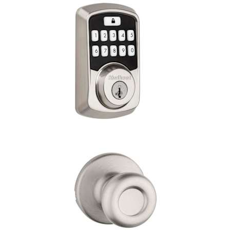 Kwikset Tylo Passage Knob and 942 Aura Keypad Deadbolt Combo Pack with SmartKey and Bluetooth Technology Satin Nickel