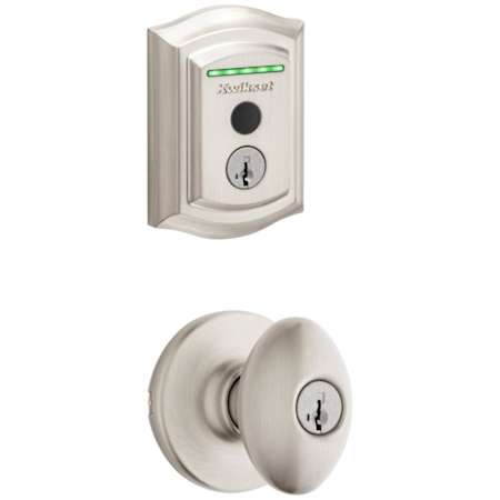 Kwikset Aliso Single Cylinder Keyed Entry Knob Set and Electronic Keyless Entry Deadbolt Combo Pack with SmartKey from the Halo Collection Satin Nickel