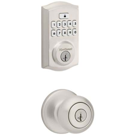 Kwikset Cove Keyed Entry Knob Set and Electronic Keyless Entry Deadbolt Combo Pack with SmartKey from the SmartCode Deadbolts Touchpad Collection Satin Nickel
