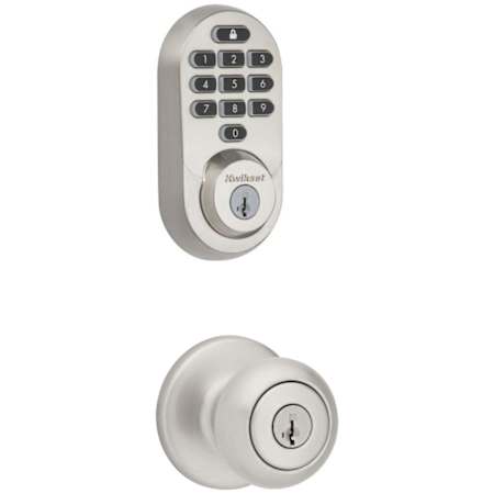Kwikset Cove Single Cylinder Keyed Entry Knob Set and Electronic Keyless Entry Deadbolt Combo Pack with SmartKey from the Halo Collection Satin Nickel