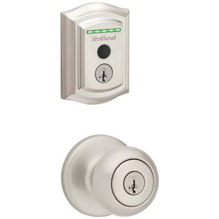 Kwikset Cove Single Cylinder Keyed Entry Knob Set and Electronic Keyless Entry Deadbolt Combo Pack with SmartKey from the Halo Collection Satin Nickel