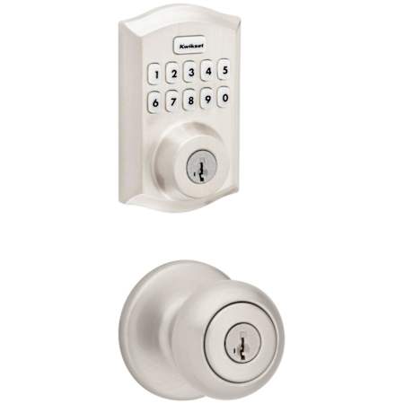 Kwikset Cove Single Cylinder Keyed Entry Knob Set and Electronic Keyless Entry Deadbolt Combo Pack with SmartKey from the Home Connect Collection Satin Nickel