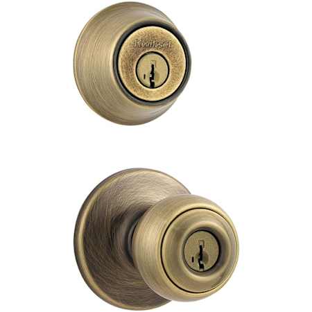 Kwikset Polo (Round Rosette) Knob and 660 Deadbolt Combo Pack with SmartKey Antique Brass
