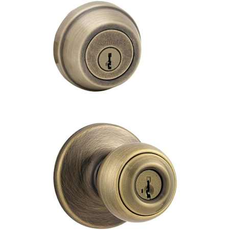 Kwikset Polo (Round Rosette) Knob and 780 Deadbolt Combo Pack with SmartKey Antique Brass