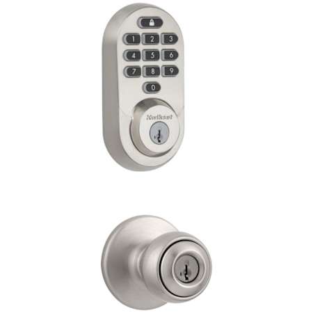 Kwikset Polo Single Cylinder Keyed Entry Knob Set and Electronic Keyless Entry Deadbolt Combo Pack with SmartKey from the Halo Collection Satin Nickel