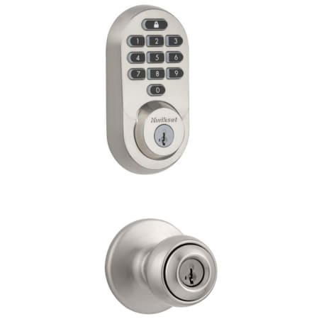 Kwikset Polo Single Cylinder Keyed Entry Knob Set and Electronic Keyless Entry Deadbolt Combo Pack with SmartKey from the Halo Collection Satin Nickel