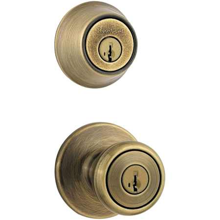 Kwikset Tylo (Round Rosette) Knob and 660 Deadbolt Combo Pack with SmartKey Antique Brass