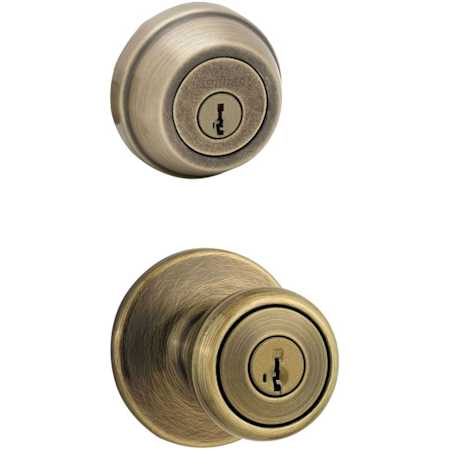 Kwikset Tylo (Round Rosette) Knob and 780 Deadbolt Combo Pack with SmartKey Antique Brass