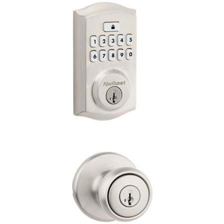Kwikset Tylo Keyed Entry Knob Set and Electronic Keyless Entry Deadbolt Combo Pack with SmartKey from the SmartCode Deadbolts Touchpad Collection Satin Nickel